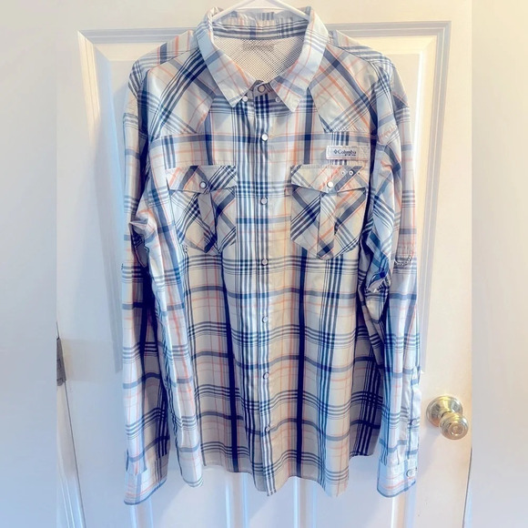 Columbia PFG Beadhead Guide Plaid L/S Shirt Size Large Pearl Snaps Outdoor - Picture 12 of 17